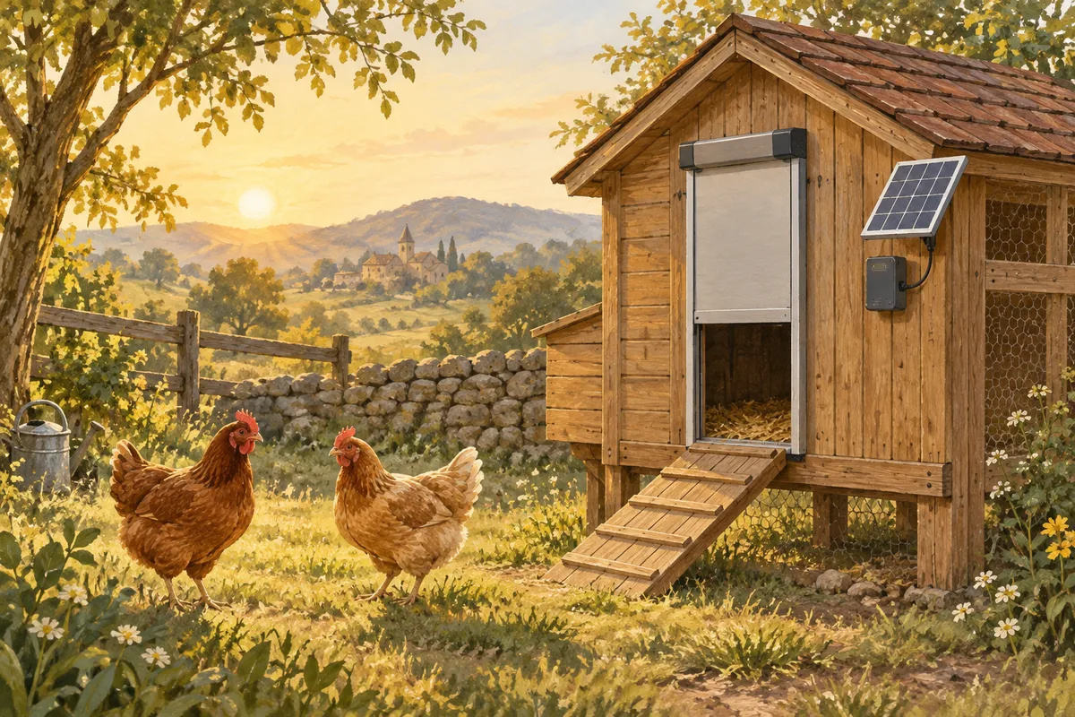 Illustration d’un poulailler en bois équipé d’une porte automatique et d’un petit panneau solaire