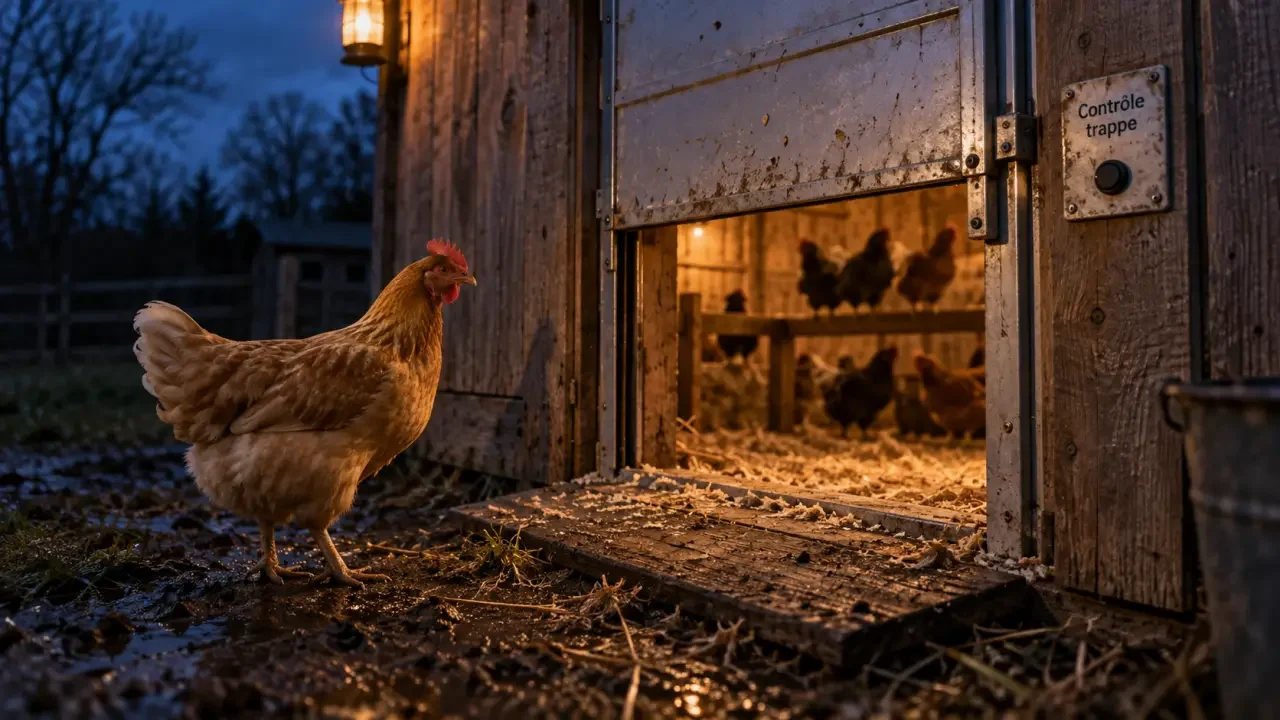 Illustration générique : Une poule dehors après la fermeture automatique : observer et ajuster le délai